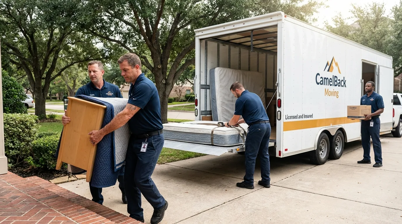 Crew loading residential truck for cross-state move from San Marino, CA