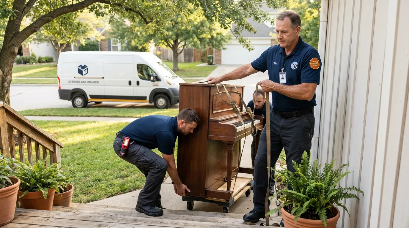 Licensed piano movers securing grand piano in San Marino, CA