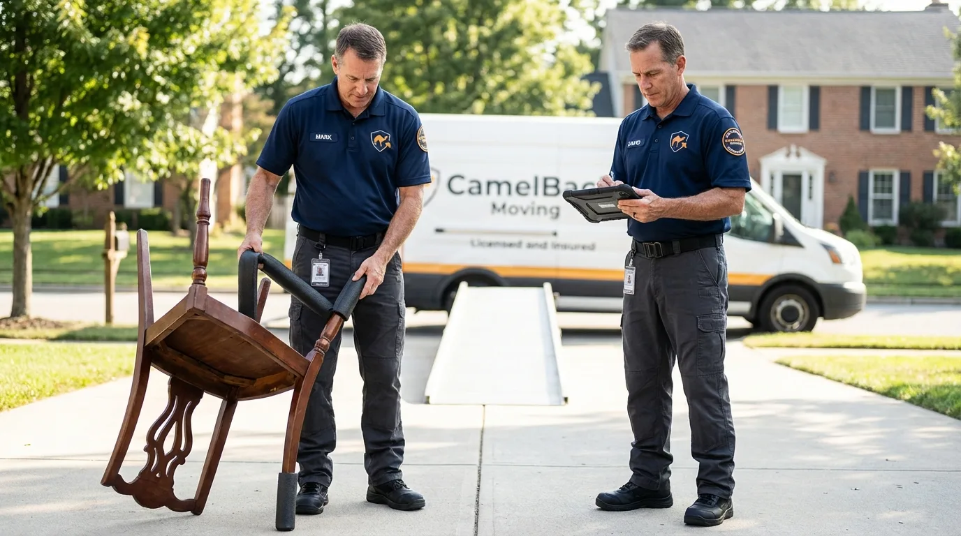 Movers inspecting furniture for damage prevention before loading in San Marino, CA