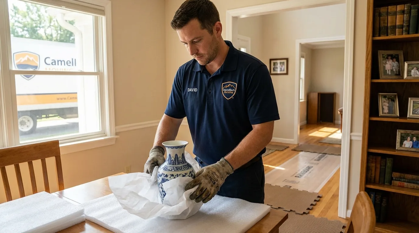 Professional crew carefully wrapping antique vase for senior downsizing move in San Marino, CA